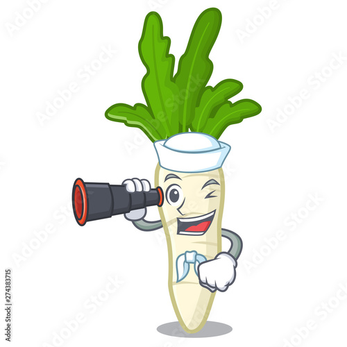 Sailor with binocular radish white in a cartoon basket