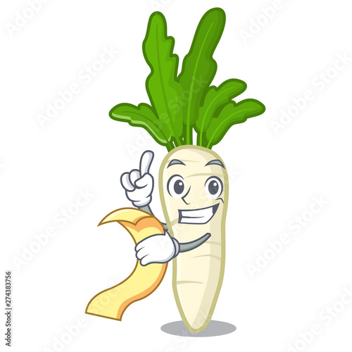 With menu radish white in a cartoon basket
