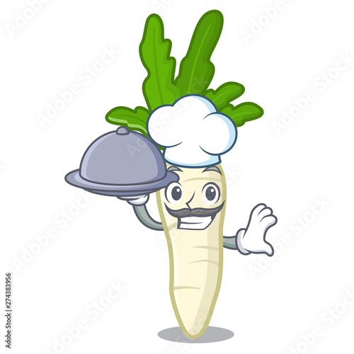 Chef with food radish white in a cartoon basket