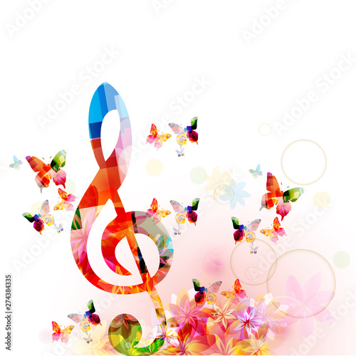 Music background with colorful G-clef and butterflies vector illustration design. Artistic music festival poster, live concert events, party flyer, music notes signs and symbols