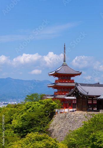 Red pagoda at Kiyomizu-dera Temple in Kyoto  Japan. On summer.