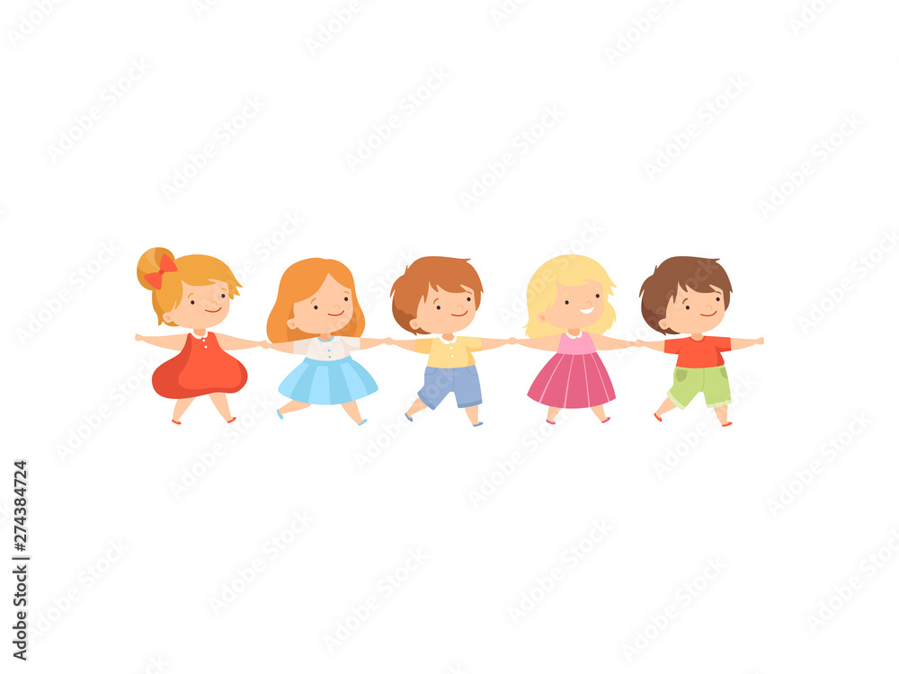 Kids Standing Together Holding Hands, Cute Little Boys and Girls Cartoon Vector Illustration Kids Standing Together Holding Hands, Cute Little Boys and Girls Cartoon Vector Illustration