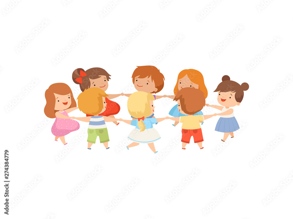 Kids Dancing in Circle Holding Hands, Cute Happy Boys and Girls Playing Together Cartoon Vector Illustration Kids Dancing in Circle Holding Hands, Cute Happy Boys and Girls Playing Together Cartoon Vector Illustration