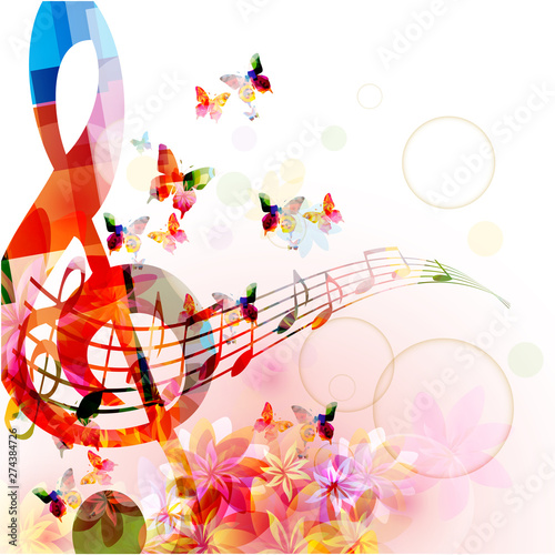 Music background with colorful G-clef and music notes vector illustration design. Artistic music festival poster, live concert events, party flyer, music notes signs and symbols