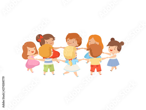 Kids Dancing in Circle Holding Hands, Cute Happy Boys and Girls Playing Together Cartoon Vector Illustration