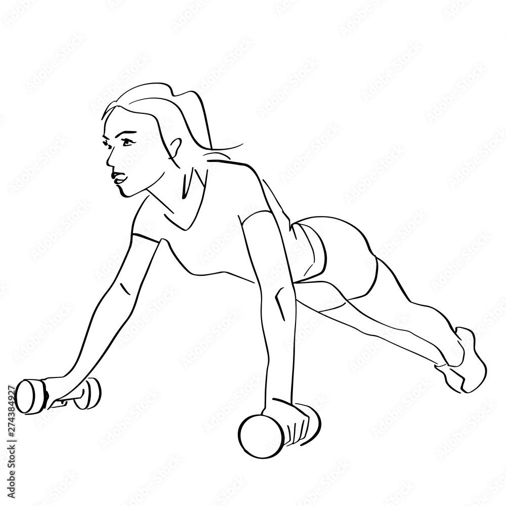 Sporty woman doing push-ups. Fitness concept hand drawn silhouette. Abstract isolated contour. Vector outlines. Black lines drawing. Sporty woman doing push-ups. Fitness concept hand drawn silhouette. Abstract isolated contour. Vector outlines. Black lines drawing.