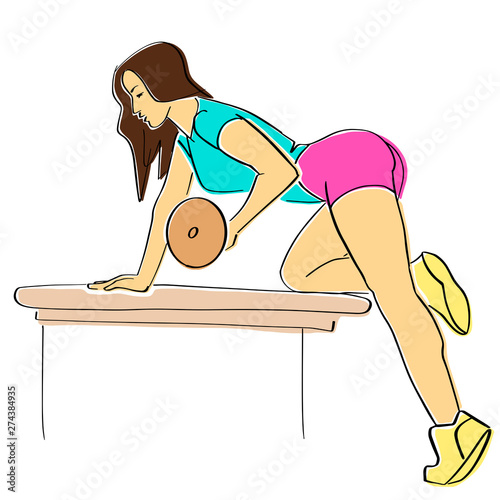 Sporty woman pumps up biceps and triceps with a dumbbell on bench. Weight training or strength exercise. Fitness concept hand drawn colorful illustration. Isolated contour and bright colors. 