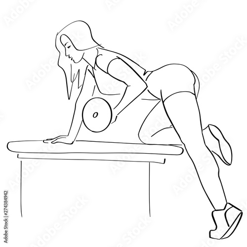 Sporty woman pumps up biceps and triceps with a dumbbell on bench. Weight training or strength exercise. Fitness concept hand drawn silhouette. Abstract isolated contour. Vector outlines. 