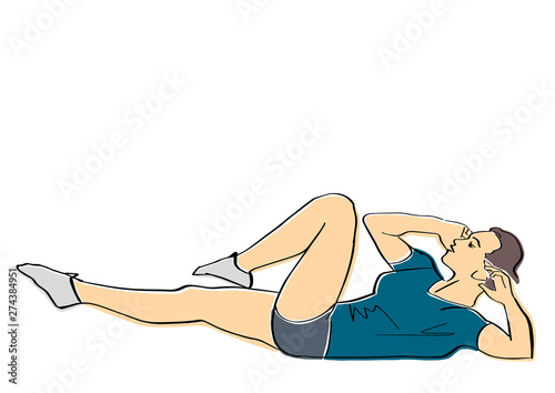 Sporty woman pumps the abdominals. ABC exercise. Fitness concept hand drawn colorful illustration. Isolated contour and colors. Abstract drawing. Vector sport cartoon.