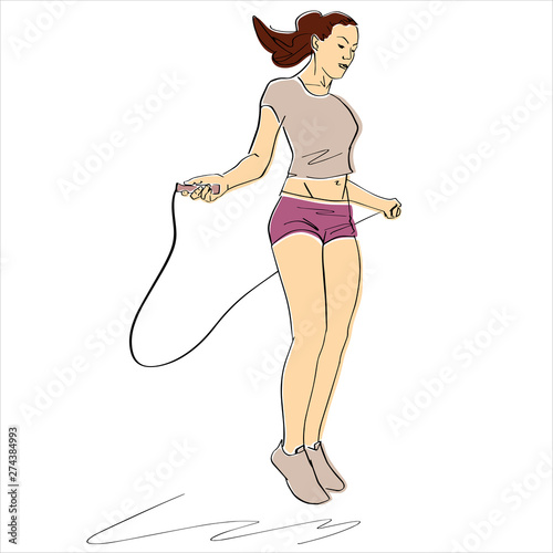 Skipping. Sporty woman jumping rope. Fitness concept hand drawn colorful illustration. Isolated contour and pastel colors. Abstract drawing. Vector sport cartoon.