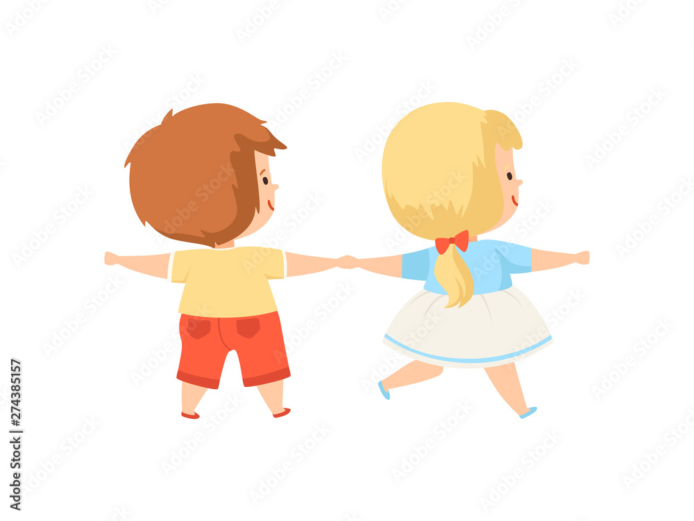 Boy and Girl Standing Holding Hands, Cute Preschool Kids View from Behind Cartoon Vector Illustration Boy and Girl Standing Holding Hands, Cute Preschool Kids View from Behind Cartoon Vector Illustration