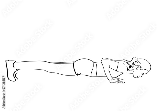 Sporty woman doing push-ups or plank. Fitness concept hand drawn silhouette. Abstract isolated contour. Vector outlines. Black lines drawing.