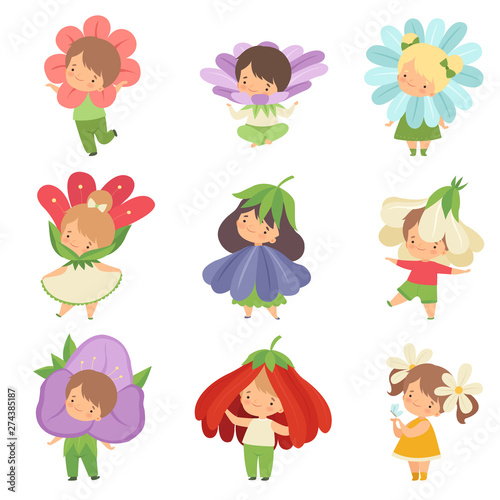 Cute Little Kids Wearing Flowers Costumes Set, Adorable Boys and Girls Cartoon Characters in Carnival Clothes Vector Illustration