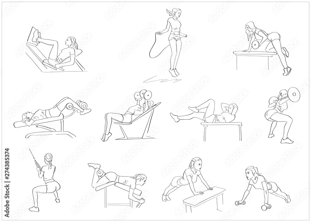 Set of female fitness exercises. Powerlifting, abc, push-ups, squats, skipping. Fitness concept hand drawn silhouette. Abstract isolated contour. Vector black outlines. Set of female fitness exercises. Powerlifting, abc, push-ups, squats, skipping. Fitness concept hand drawn silhouette. Abstract isolated contour. Vector black outlines.