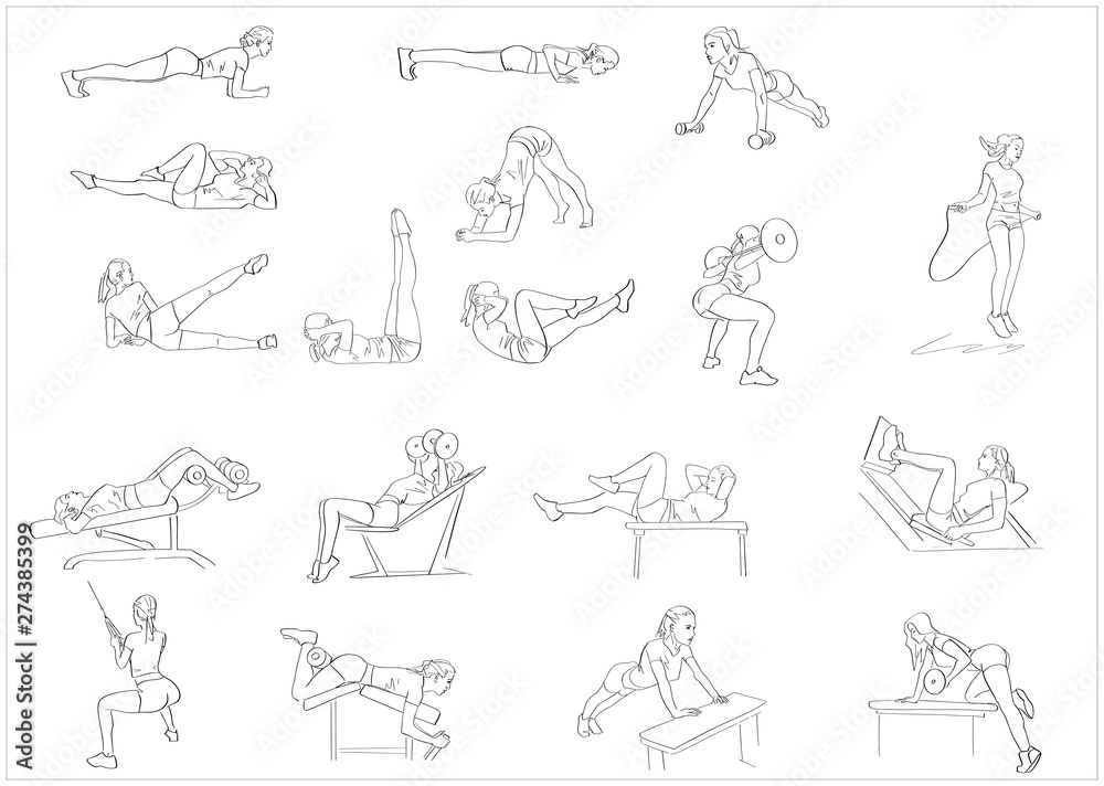 Set of female fitness exercises. Powerlifting, plank, abc, push-ups, squats, skipping. Fitness concept hand drawn silhouette. Abstract isolated contour. Vector black outlines.