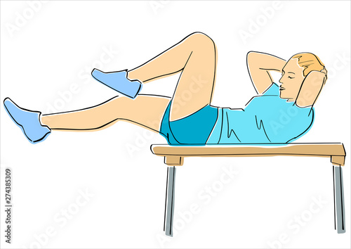 Sporty woman pumps the abdominals on bench. ABC exercise. Fitness concept hand drawn colorful illustration. Isolated contour and pastel colors. Abstract drawing. Vector sport cartoon.