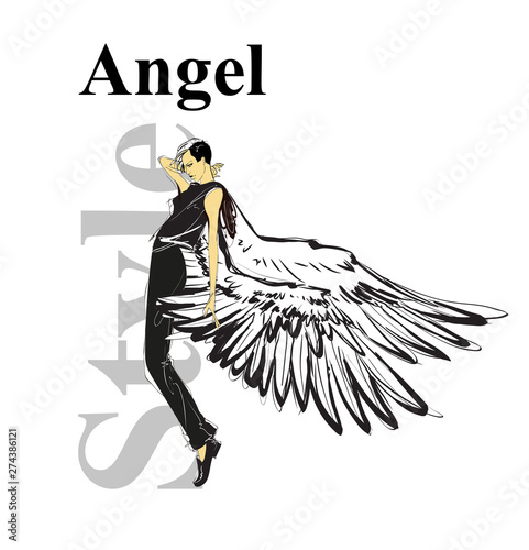 Fashion angel look. Beautiful young woman with wings in a black suit. Hand drawn fashion girl. Fashion model posing. Sketch. Vector illustration.