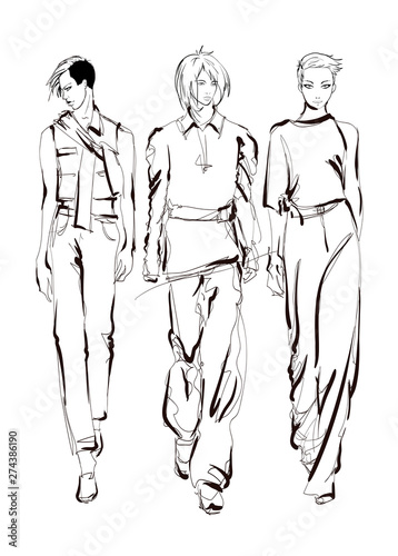 Fashion models sketch hand drawn , stylized silhouettes isolated.Vector fashion illustration set.