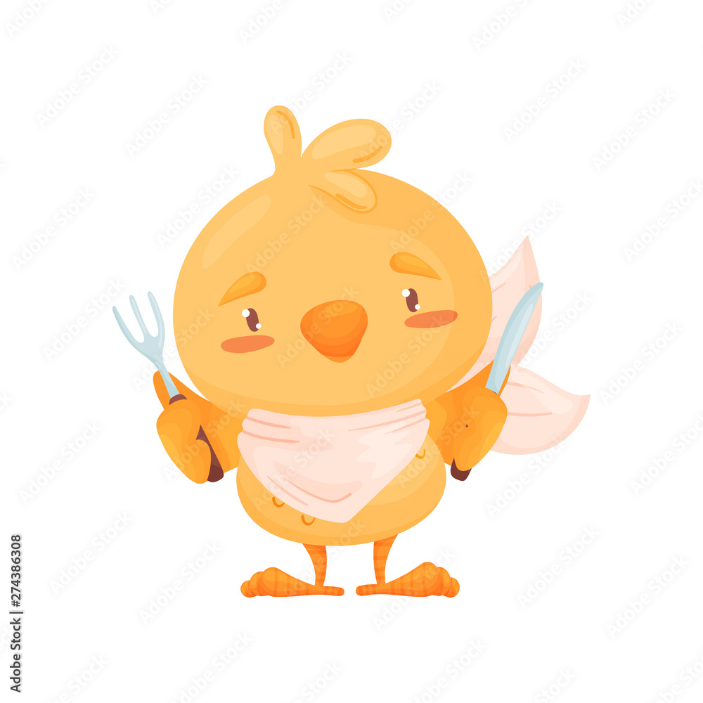 Cartoon chicken holding a knife and fork. Vector illustration on white background. Cartoon chicken holding a knife and fork. Vector illustration on white background.