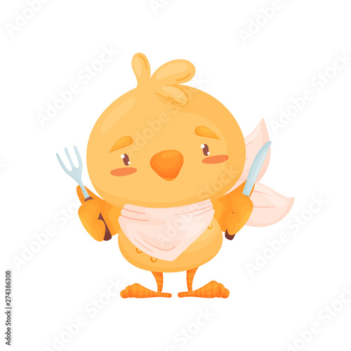 Cartoon chicken holding a knife and fork. Vector illustration on white background.