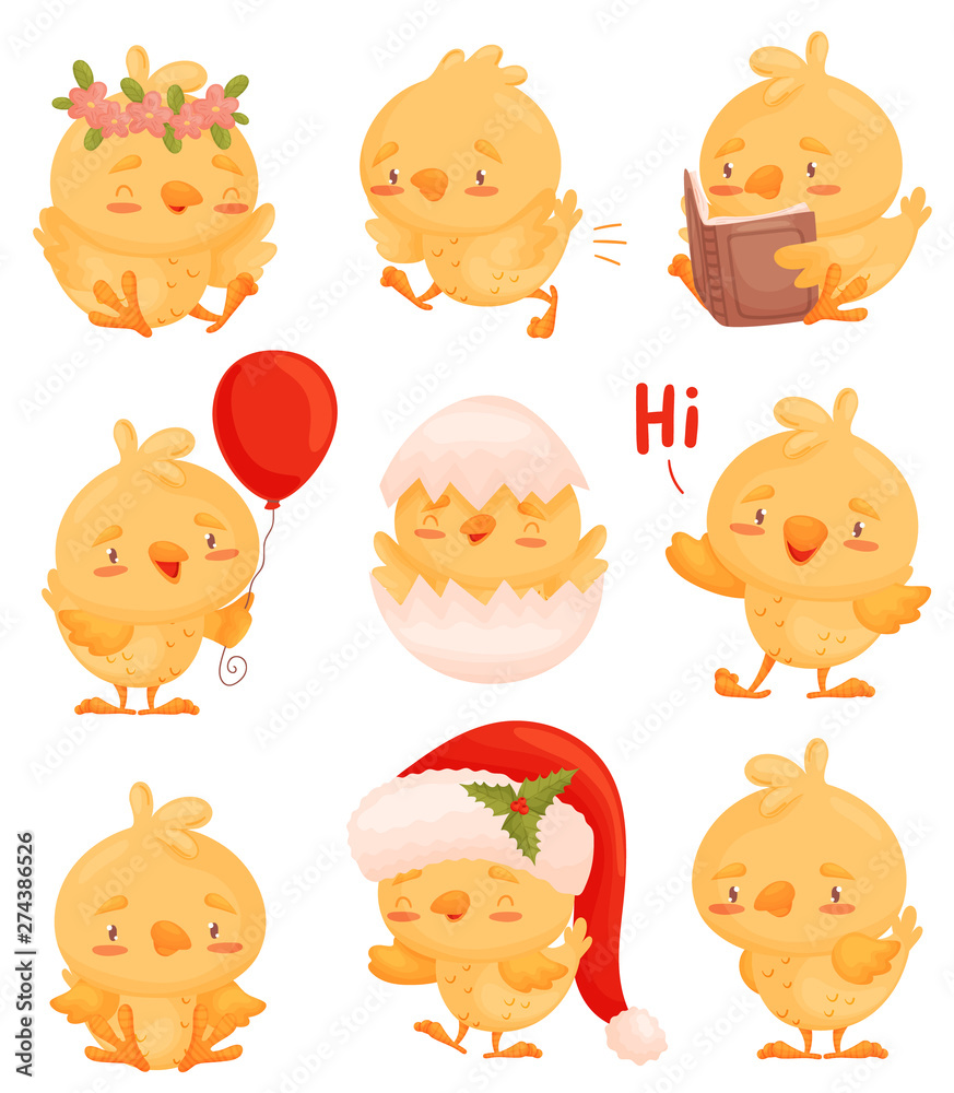 Set of images of chickens with different objects in their hands. Vector illustration on white background.
