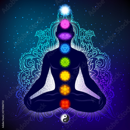 Meditating human in lotus pose. Yoga illustration.