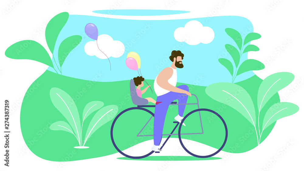 Father Rolls Child on Bike Vector Illustration.