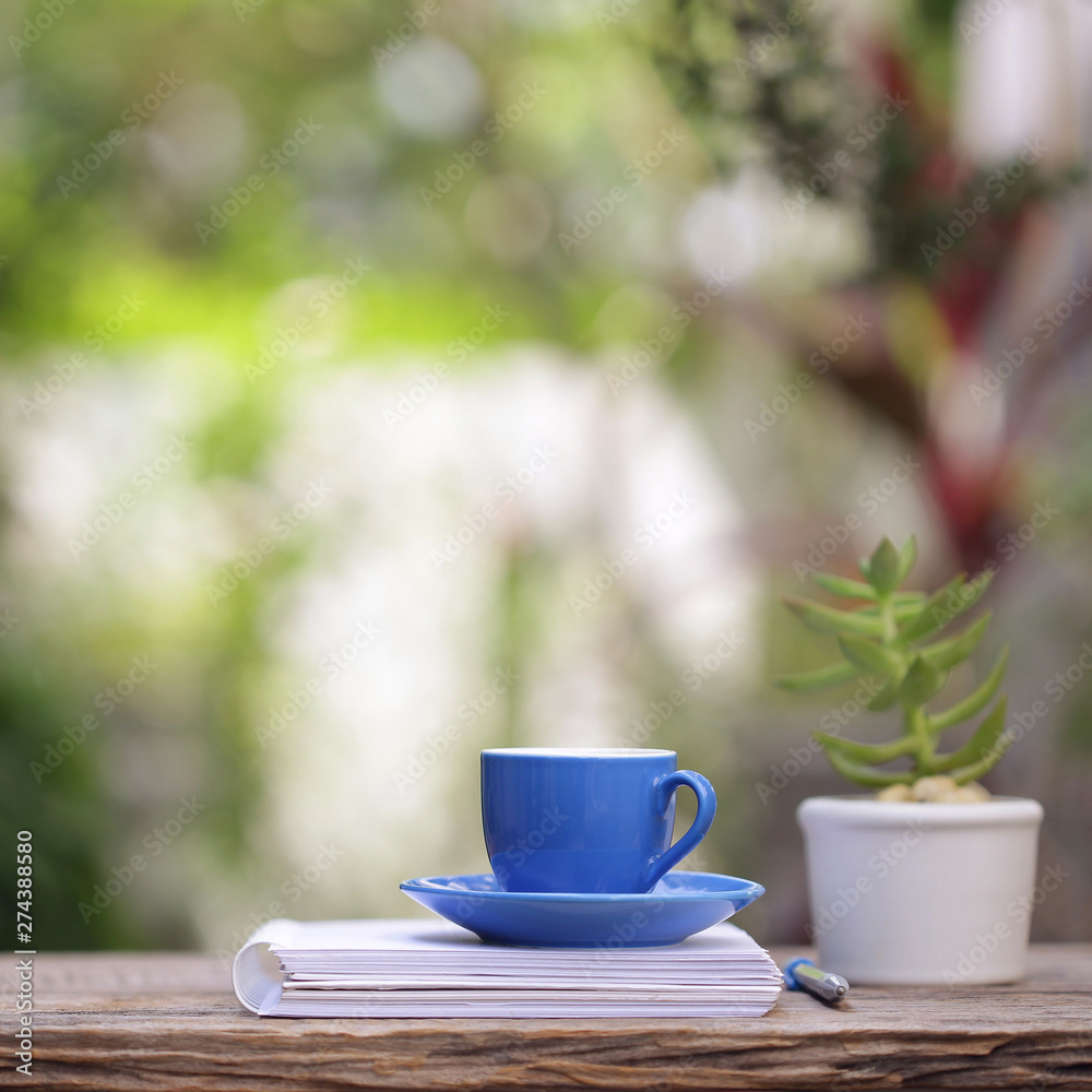 Blue coffee cup with small plant pot and notebooks at outdoor