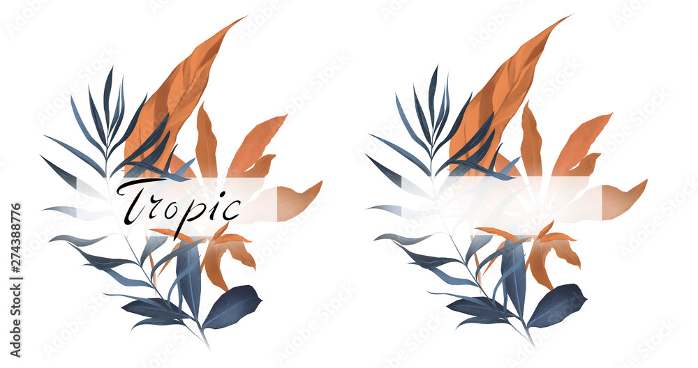  watercolor tropic logo. card with illustration leaves. Terracotta, navy blue Exotic leaf isolated on white background. composition for invitation