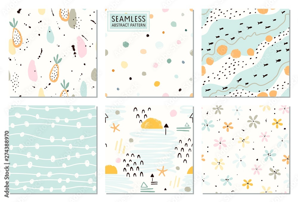 Seamless abstract patterns and prints set. Vector fashion collection pastel colors.