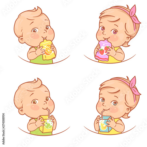 Little girl and boy drink juice, eat fruit puree. 