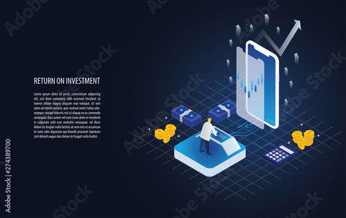 Isometric return on investment ROI graph and chart  in a smartphone with forex candlestick signal, arrow and gold coin. business growth arrows to success. background vector