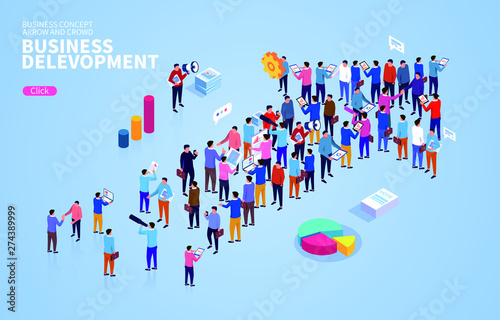 Business development concept, arrows and social gatherings