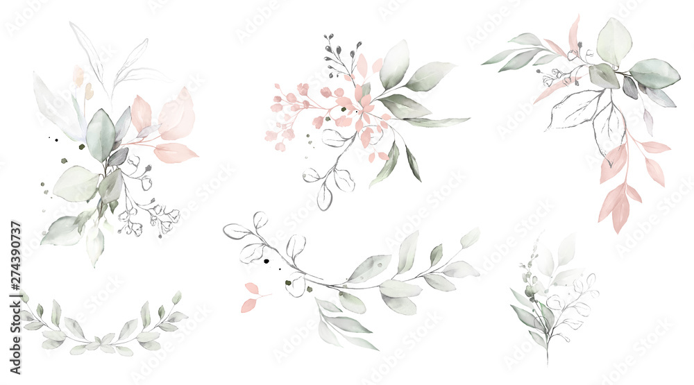 Set watercolor arrangements with garden pink and green leaves, branches, Botanic  illustration isolated on white background.
