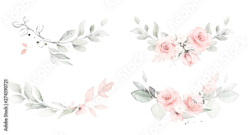 Set watercolor arrangements with roses. collection garden pink flowers, leaves, branches, Botanic  illustration isolated on white background.
