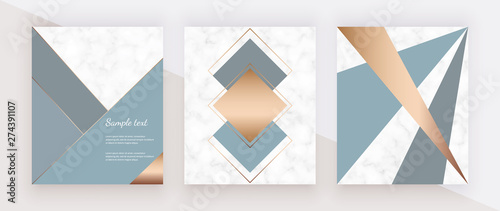 Modern geometric marble design with golden lines, blue and gray triangles and hexagons shapes. Fashion backgrounds for banner, graphic poster, scandinavian art, flyer, poster, wedding invitation, card