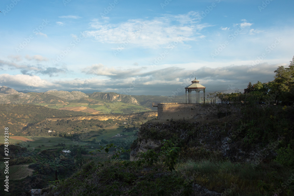 View of the nearby mountains, species rotunda, green plants, Ronda, Andalusia, Spain