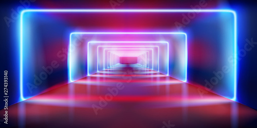 Empty stage before the show. Colored neon lights. Fashion runway. Vector illustration.