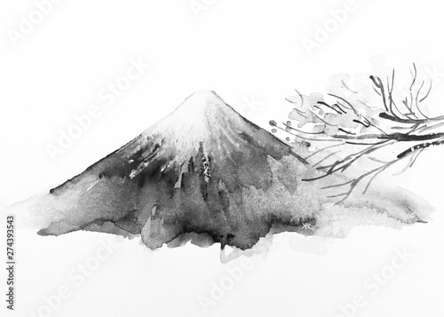 Monte Fuji giappone vulcano dipinto acquerello sfondo bianco