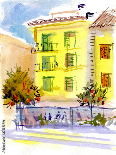 Spain. Cozy yellow house in Cambrils with a cafe downstairs. Urban sketch. Watercolor art.