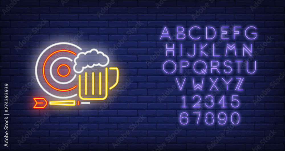 Dart, target and beer mug neon sign. Illustration of dart board, arrow and beer cup. Can be used