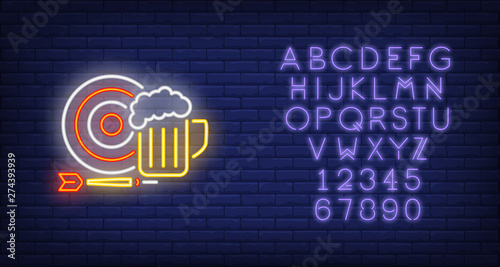 Dart, target and beer mug neon sign. Illustration of dart board, arrow and beer cup. Can be used for bars, entertainment, advertisement, night club