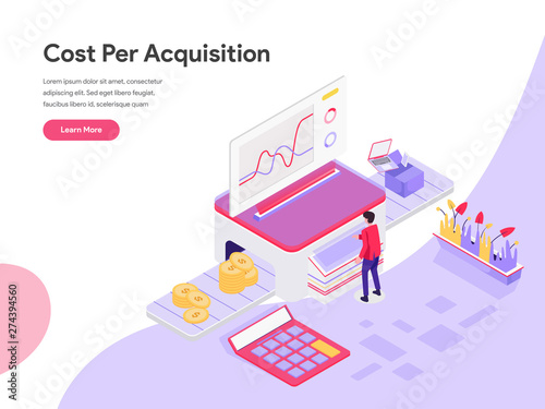 Landing page template of Cost Per Acquisition Isometric Illustration Concept. Isometric flat design concept of web page design for website and mobile website.Vector illustration