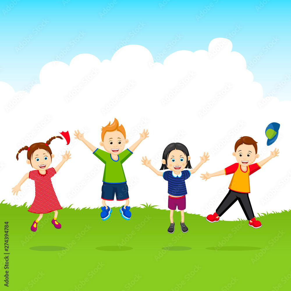 Joyful children jump up. Children on vacation. Children are having a rest. Stock Vector Illustration Joyful children jump up. Children on vacation. Children are having a rest. Stock Vector Illustration
