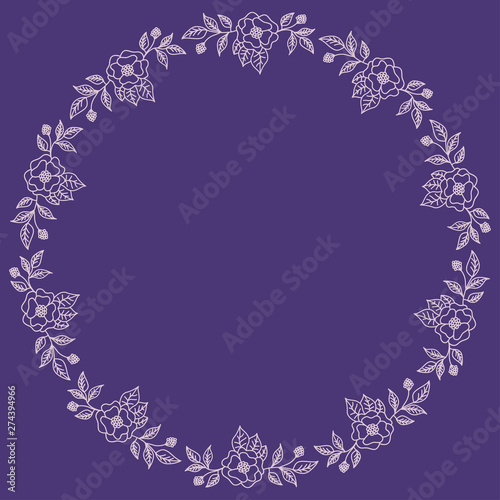 Wreath of pink flowers on a purple background. Round frame for the label. Decoration for wedding cards.
