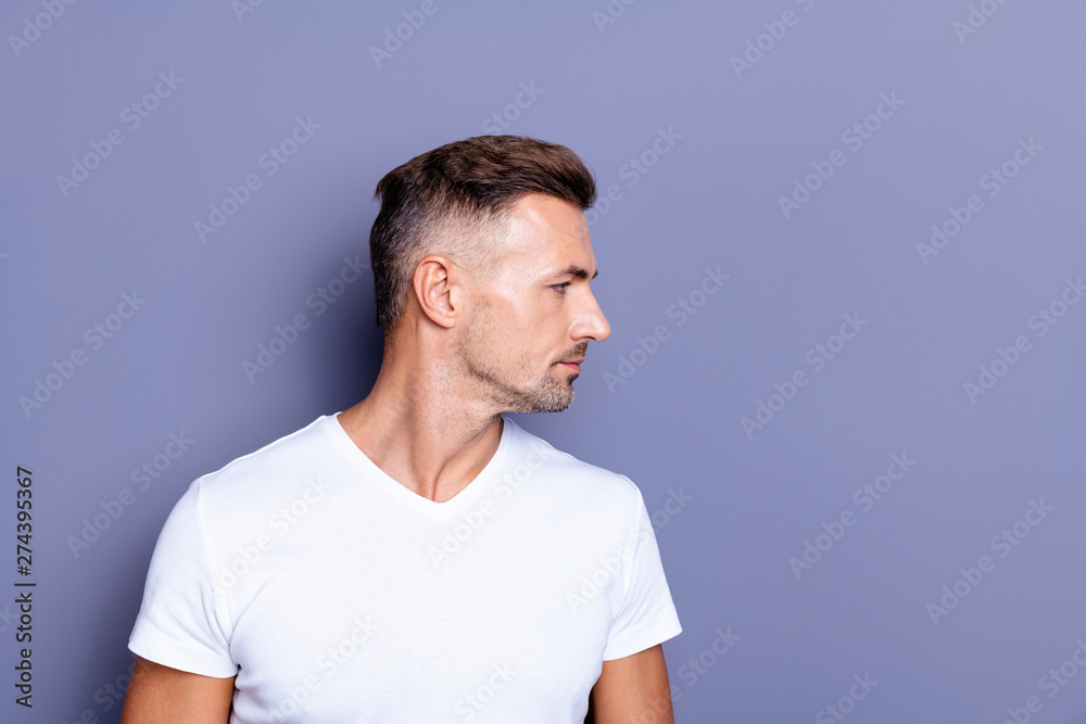 Close up side profile photo amazing he him his middle age macho perfect ideal appearance easy-going reliable person look calm not talk tell speak say wear casual white t-shirt isolated grey background Close up side profile photo amazing he him his middle age macho perfect ideal appearance easy-going reliable person look calm not talk tell speak say wear casual white t-shirt isolated grey background