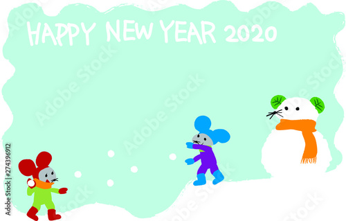 2020年　子年　年賀状　雪だるま　ネズミ