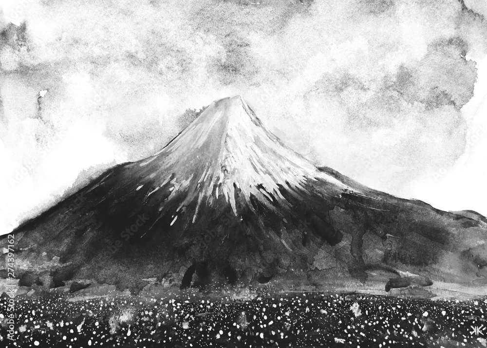 dipinto bianco e nero vulcano Fuji Stock Illustration | Adobe Stock