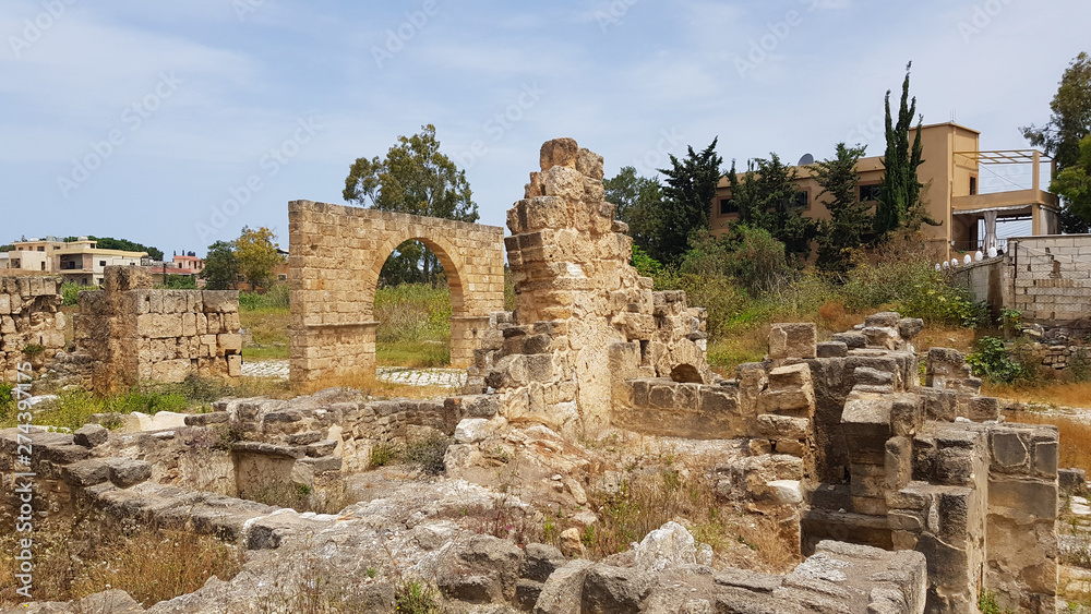 Roman archaeological remains in Tyre. Tyre is an ancient Phoenician city. Tyre, Lebanon - June, 2019