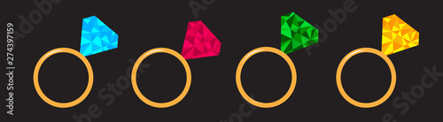 Wedding gold diamond ring set line. Polygonal effect. Blue, pink, green, yellow color. Flat design. Love wedding atribute. Black background. Isolated.